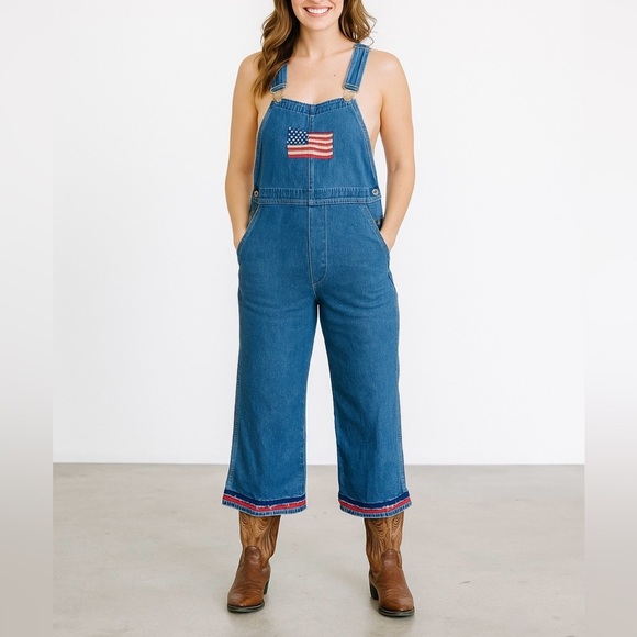 agapo Pants - Vintage 90’s Agapo Embroidered American flag denim cropped overalls sizeXL